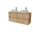 AURLANE - Meuble Salle de Bains 120cm 4 Tiroirs Chêne Naturel - 2 Vasques Rondes 36cm Blanches Effet Marbre - vignette