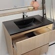 AURLANE - Meuble de salle de bains 80 cm 3 Tiroirs Chêne Clair + Vasque Céramique Noire - XENOS - vignette