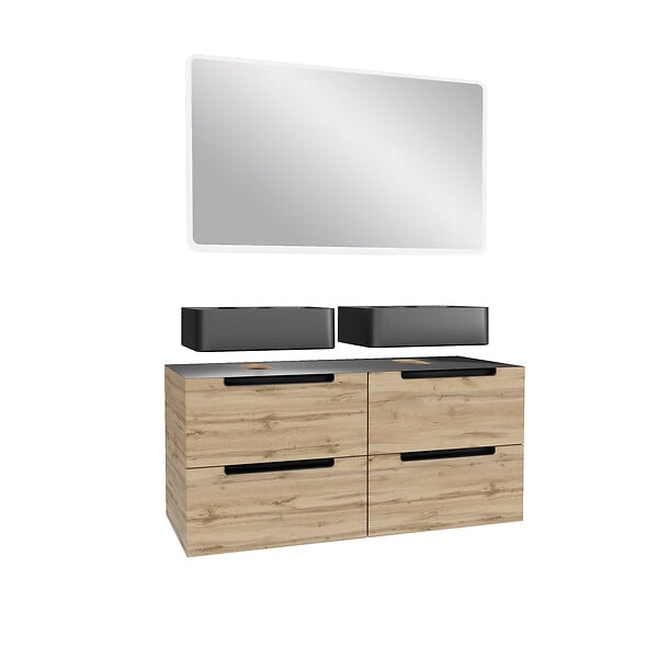 AURLANE - Meuble salle de bains 120cm Chêne et noir, Vasques rectangulaires et Miroir Led 120x70 - OMEGA - large