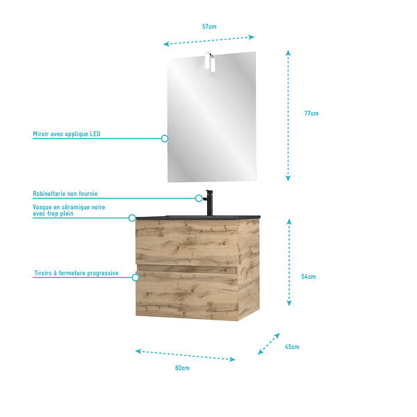 AURLANE - Meuble salle de bain 60x54 - Finition chene naturel + vasque noire + miroir Led - TIMBER 60 - Pack29 - large