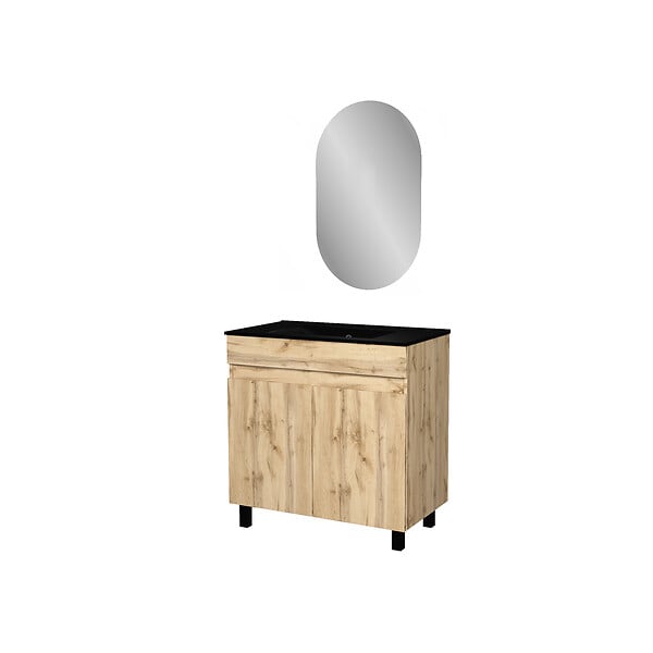AURLANE - Meuble Salle de Bains 80cm 2 Portes Chêne Naturel + Vasque Noire et Miroir Ovale - large