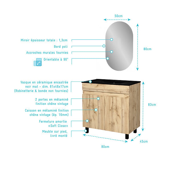 AURLANE - Meuble Salle de Bains 80cm 2 Portes Chêne Naturel + Vasque Noire et Miroir Ovale - large