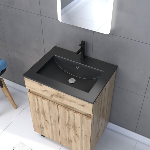 AURLANE - Meuble salle de bain 60x80 - Finition chene naturel - vasque noire + miroir Led - TIMBER 60 - Pack02 - large
