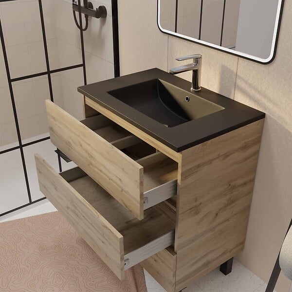 AURLANE - Meuble de salle de bains suspendu 70 TIMBER Décor Chêne 3 tiroirs Vasque noire et miroir LED 70x50 - large