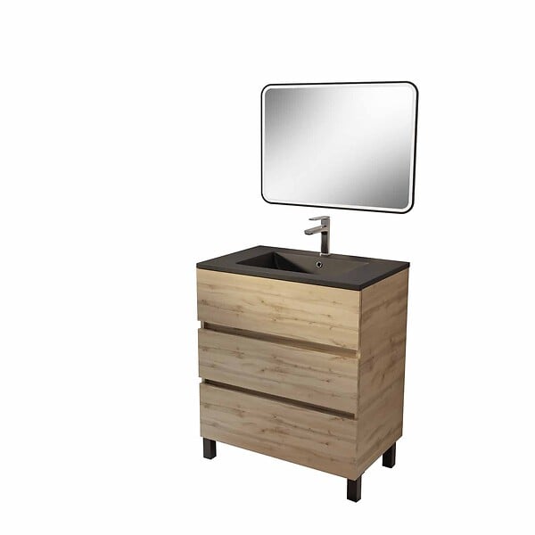 AURLANE - Meuble de salle de bains suspendu 70 TIMBER Décor Chêne 3 tiroirs Vasque noire et miroir LED 70x50 - large