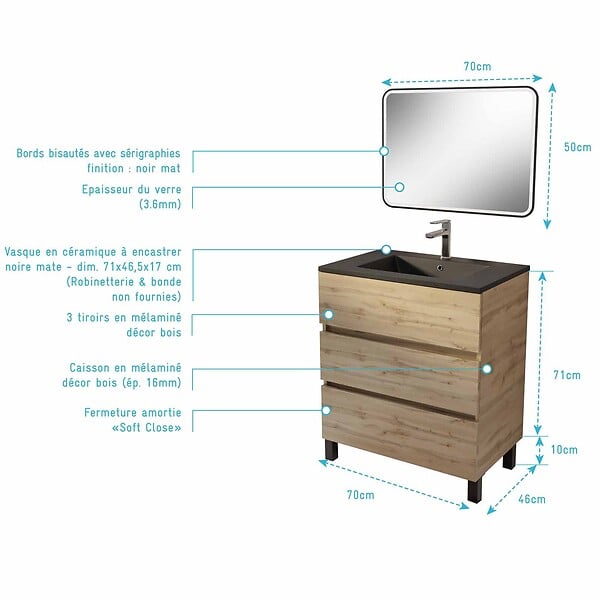 AURLANE - Meuble de salle de bains suspendu 70 TIMBER Décor Chêne 3 tiroirs Vasque noire et miroir LED 70x50 - large