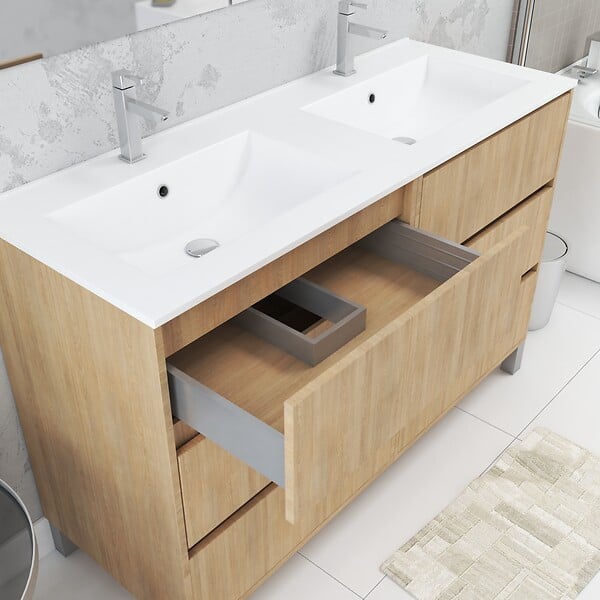 AURLANE - Meuble Salle de Bains 120 cm Chêne Clair 6 Tiroirs, Vasque, Miroirs 60x80 à Leds intégrées - XENOS - large