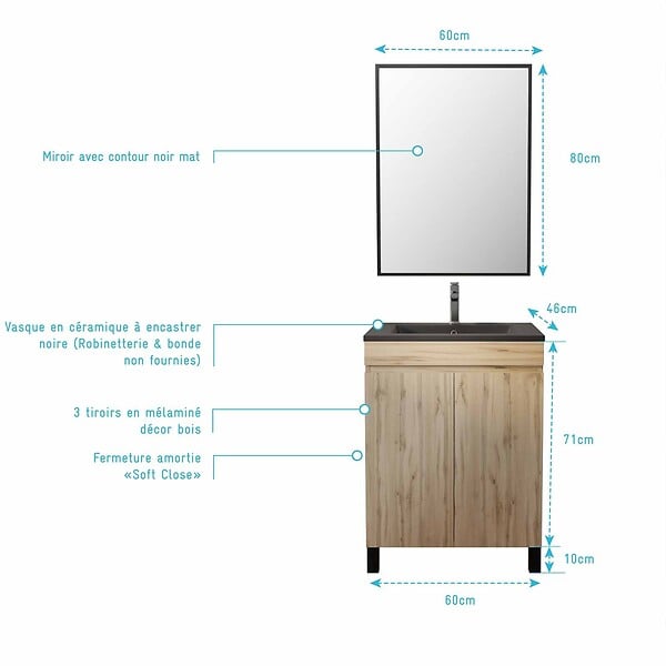 AURLANE - Meuble salle de bains 60cm décor chene naturel 2 portes - Vasque noire et Miroir - TIMBER - large