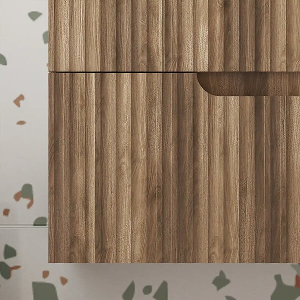 AURLANE - Meuble de Salle de Bains LEON 80cm Décor Bois - 2 Tiroirs en MDF Ondulés - Vasque à encastrer - large