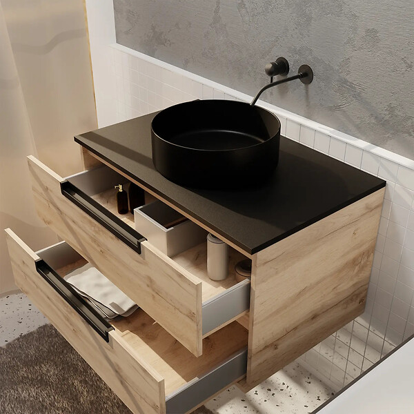 AURLANE - Meuble salle de bains 80cm Decor Bois et Noir, 2 Tiroirs, Vasque Noire 36cm et Miroir Led 50cm - large