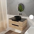 AURLANE - Meuble salle de bains 80cm Decor Bois et Noir, 2 Tiroirs, Vasque Noire 36cm et Miroir Led 50cm - vignette
