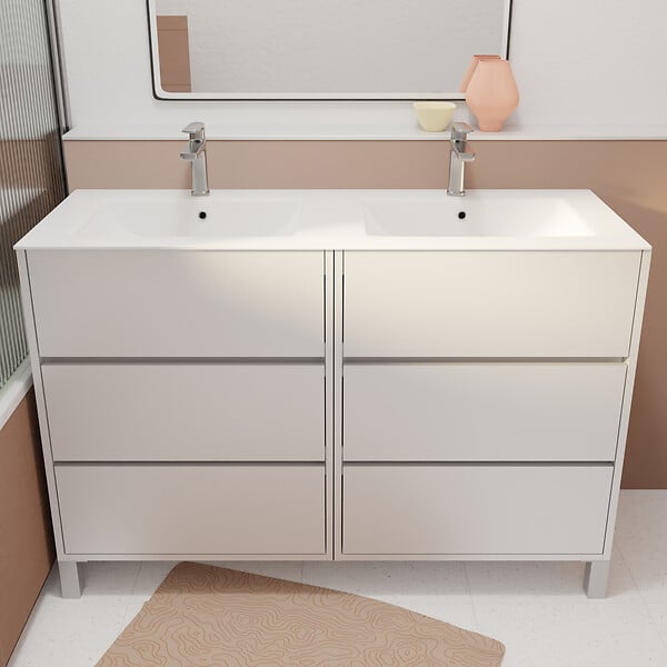 AURLANE - Pack Meuble Salle de Bains 120 cm Laqué Blanc, 6 tiroirs avec Vasque Céramique - XENOS - large