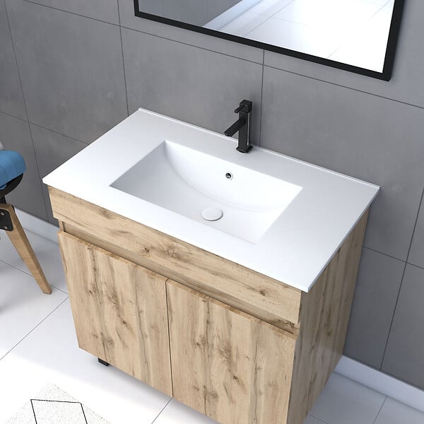 AURLANE - Meuble salle de bain 80x80 - Finition chene naturel + vasque blanche + miroir - TIMBER 80 - Pack25 - large