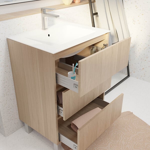 AURLANE - Pack Meuble Salle de Bains 60 cm Chêne Clair, 3 tiroirs avec Vasque Céramique - XENOS - large