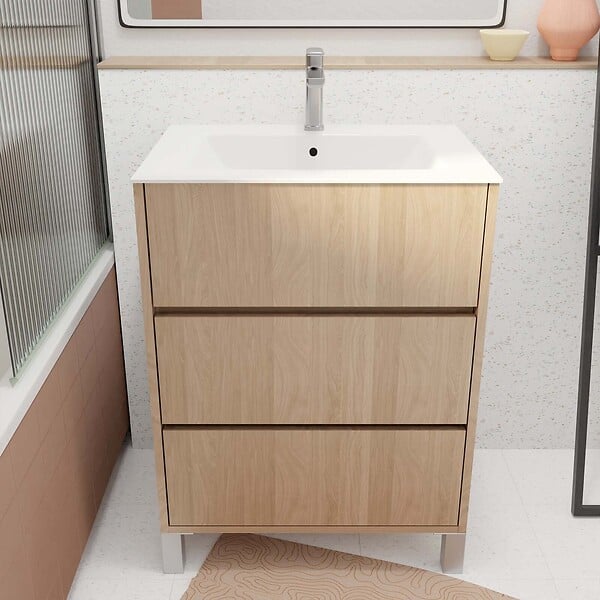 AURLANE - Pack Meuble Salle de Bains 60 cm Chêne Clair, 3 tiroirs avec Vasque Céramique - XENOS - large