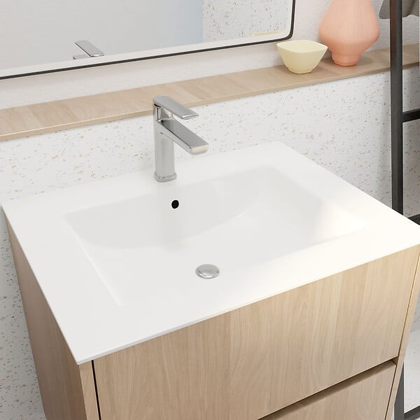 AURLANE - Pack Meuble Salle de Bains 60 cm Chêne Clair, 3 tiroirs avec Vasque Céramique - XENOS - large