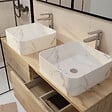 AURLANE - Meuble Salle de Bains 120cm 4 Tiroirs Chêne Naturel - 2 Vasques Blanches Effet Marbre 38x38x13cm - vignette