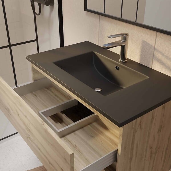 AURLANE - Pack Meuble SDB 80cm suspendu 2 tiroirs Chene_Vasque noire + Miroir - TIMBER 80 - large