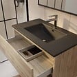 AURLANE - Pack Meuble SDB 80cm suspendu 2 tiroirs Chene_Vasque noire + Miroir - TIMBER 80 - vignette