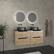 AURLANE - Meuble salle de bains 120cm Chene et noir, Vasques rondes Diam 36cm et Miroirs Black Led Diam 50cm - vignette