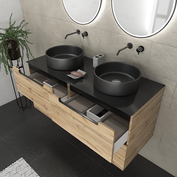 AURLANE - Meuble salle de bains 120cm Chene et noir, Vasques rondes Diam 36cm et Miroirs Black Led Diam 50cm - large
