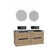AURLANE - Meuble salle de bains 120cm Chene et noir, Vasques rondes Diam 36cm et Miroirs Black Led Diam 50cm - vignette