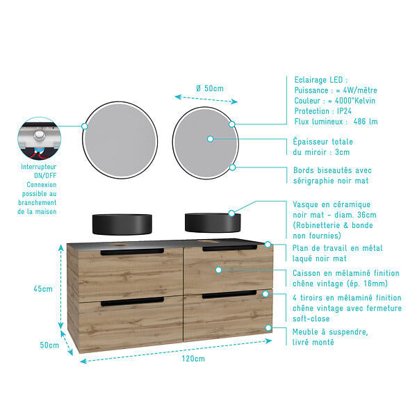 AURLANE - Meuble salle de bains 120cm Chene et noir, Vasques rondes Diam 36cm et Miroirs Black Led Diam 50cm - large