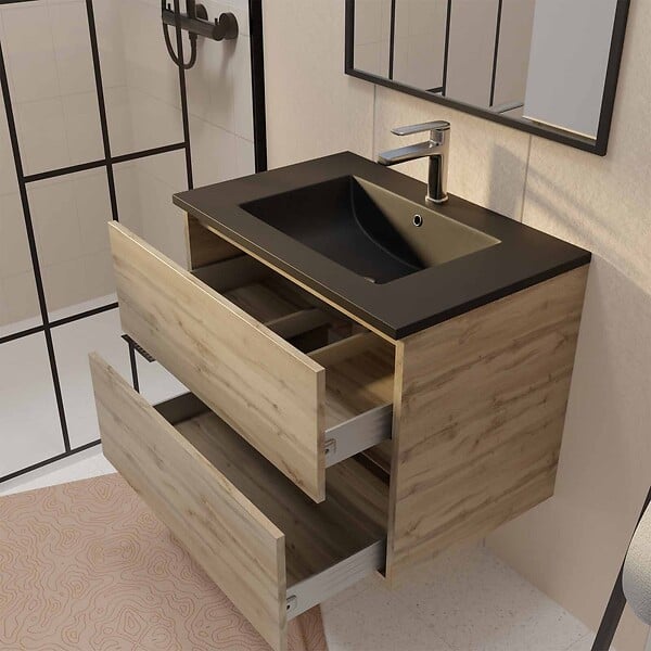 AURLANE - Meuble de salle de bains suspendu 70 cm TIMBER - Décor Chêne Naturel 2 tiroirs avec Vasque noire - large