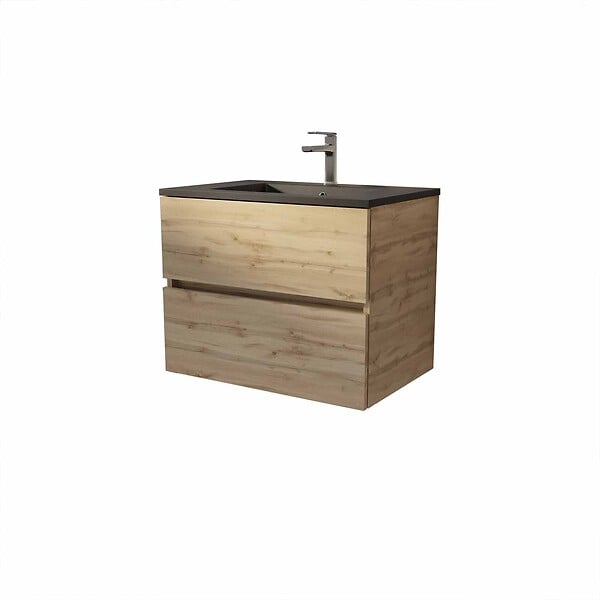 AURLANE - Meuble de salle de bains suspendu 70 cm TIMBER - Décor Chêne Naturel 2 tiroirs avec Vasque noire - large