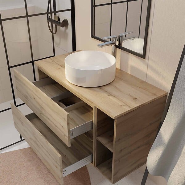 AURLANE - Meuble de salle de bains 100cm TIMBER Décor Chêne 2 Tiroirs et Module - Vasque Ronde Blanche - large
