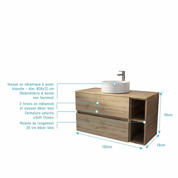 AURLANE - Meuble de salle de bains 100cm TIMBER Décor Chêne 2 Tiroirs et Module - Vasque Ronde Blanche - large