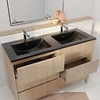 AURLANE - Meuble de salle de bains 120 cm 6 Tiroirs Chêne Clair + Vasque Double Céramique Noire - XENOS - vignette