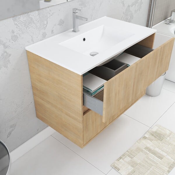 AURLANE - Pack Meuble Salle de Bains 80cm Chêne Clair 2 Tiroirs, Vasque, Miroir 60x80 à Leds intégrées - XENOS - large