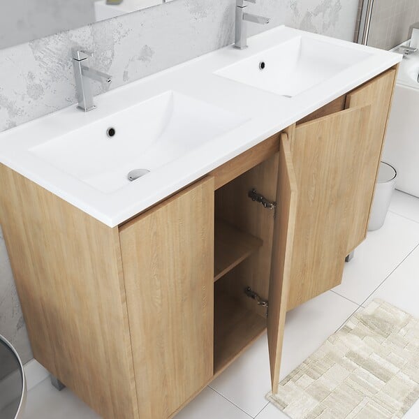 AURLANE - Meuble Salle de Bains 120 cm Chêne Clair 4 Portes, Vasque, Miroirs 60x80 et Réglettes Led - XENOS - large