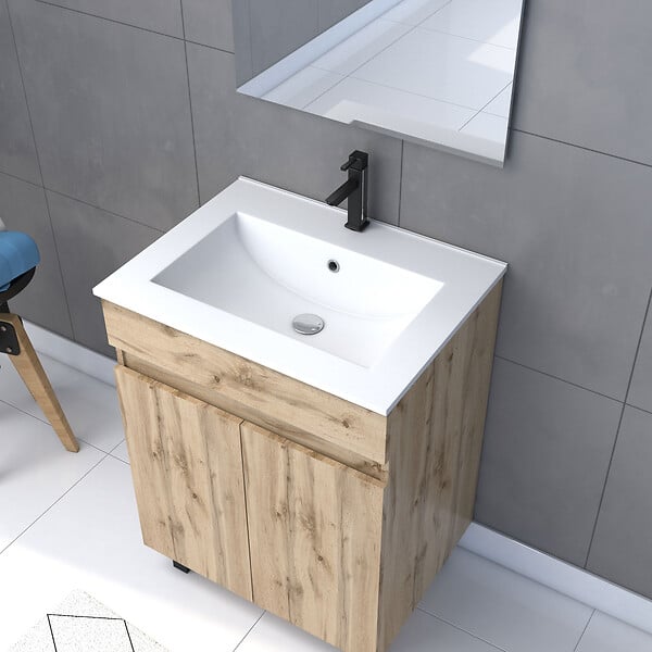AURLANE - Pack Meuble SDB 60cm sur pieds 2 portes Chene_Vasque blanche + Miroir Led - TIMBER 60_Pack21 - large
