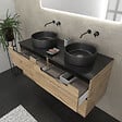 AURLANE - Meuble salle de bains 120cm Chene et noir, Vasques rondes Diam 36cm et Miroir Led 120x70 - OMEGA - vignette