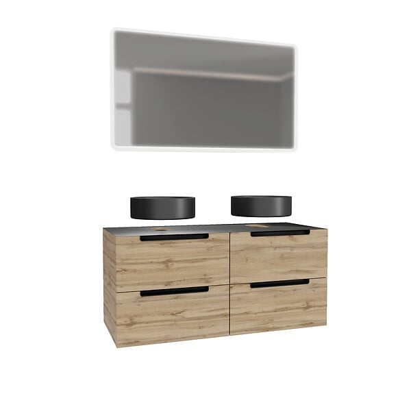 AURLANE - Meuble salle de bains 120cm Chene et noir, Vasques rondes Diam 36cm et Miroir Led 120x70 - OMEGA - large