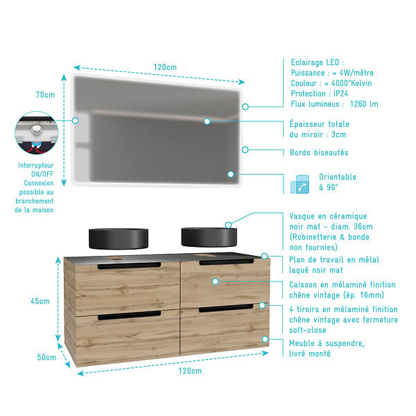 AURLANE - Meuble salle de bains 120cm Chene et noir, Vasques rondes Diam 36cm et Miroir Led 120x70 - OMEGA - large