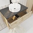 AURLANE - Meuble salle de bains 80cm Chêne Naturel 2 Tiroirs - Plan Effet Marbre Noir + Vasque Ronde Blanche - vignette