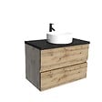 AURLANE - Meuble salle de bains 80cm Chêne Naturel 2 Tiroirs - Plan Effet Marbre Noir + Vasque Ronde Blanche - vignette