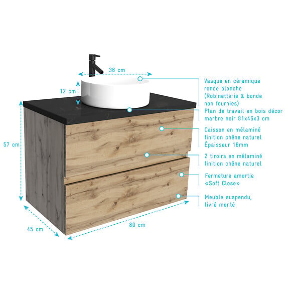 AURLANE - Meuble salle de bains 80cm Chêne Naturel 2 Tiroirs - Plan Effet Marbre Noir + Vasque Ronde Blanche - large