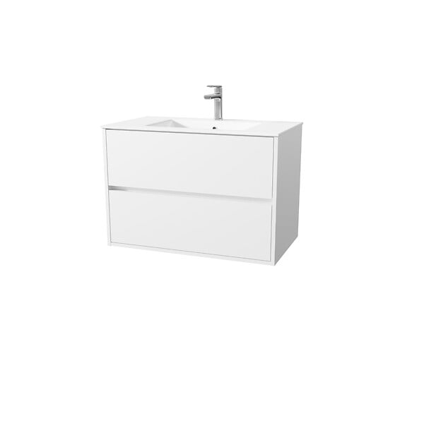 AURLANE - Pack Meuble Salle de Bains 80 cm Laqué Blanc, 2 tiroirs avec Vasque Céramique - XENOS - large