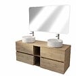 AURLANE - Meuble Salle de Bains 140 TIMBER Décor Chêne 4 Tiroirs et Module Vasques Blanches Miroir LED 120x70 - vignette