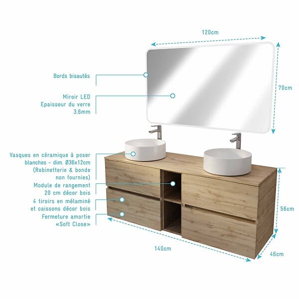 AURLANE - Meuble Salle de Bains 140 TIMBER Décor Chêne 4 Tiroirs et Module Vasques Blanches Miroir LED 120x70 - large