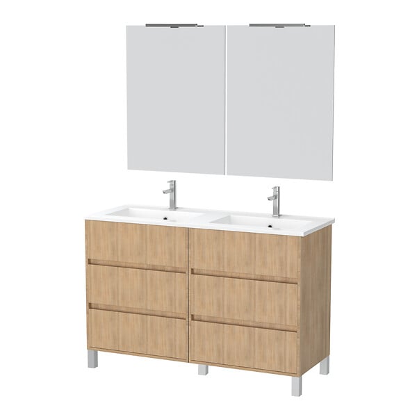 AURLANE - Meuble Salle de Bains 120 cm Chêne Clair 6 Tiroirs, Vasque, Miroirs 60x80 et Réglettes Led - XENOS - large