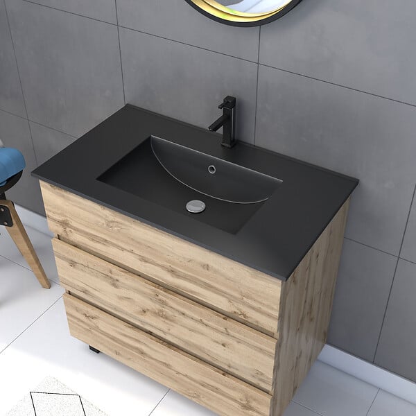 AURLANE - Pack Meuble SDB 80cm sur pieds 3 tiroirs Chene_Vasque noire + Miroir Barber - TIMBER 80_Pack44 - large