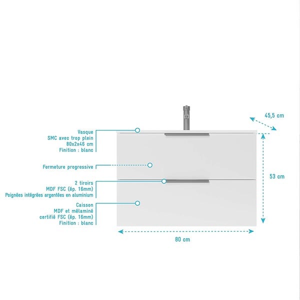 AURLANE - Meuble de Salle de Bains 80cm Suspendu Blanc 2 Tiroirs - Vasque Blanche - ELEMENTARY - large