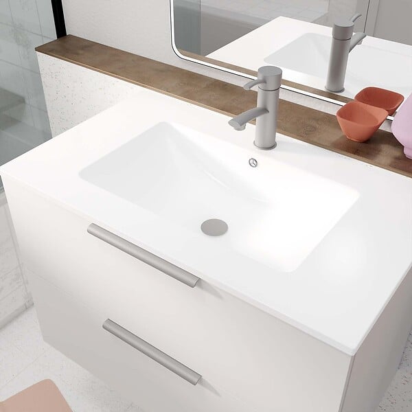 AURLANE - Meuble de Salle de Bains 80cm Suspendu Blanc 2 Tiroirs - Vasque Blanche - ELEMENTARY - large