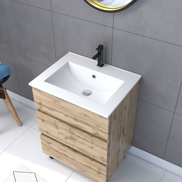 AURLANE - Pack Meuble SDB 60cm sur pieds 3 tiroirs Chene_Vasque blanche + Miroir Barber - TIMBER 60 - large