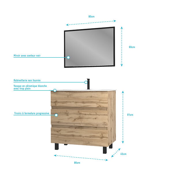 AURLANE - Meuble salle de bain 80x60 - Finition chene naturel + vasque blanche + miroir - TIMBER 80 - Pack 45 - large